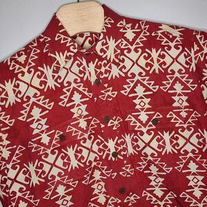 ORVIS Men's Red/Off White BATIK Print 100% Cotton Short Sleeve Button Up SHIRT L